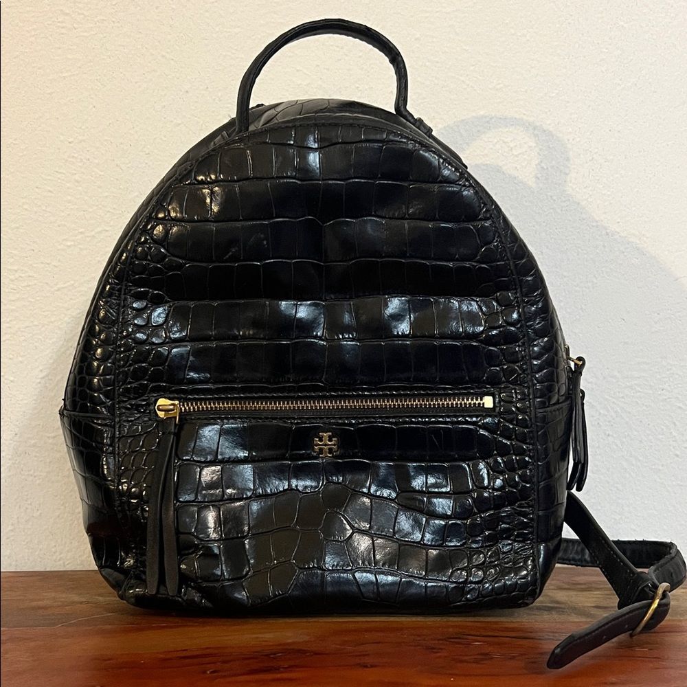 Tory Burch Croc Embossed Black Leather Mini Backpack Purse Gold Logo Casual Luxe - Picture 13 of 16